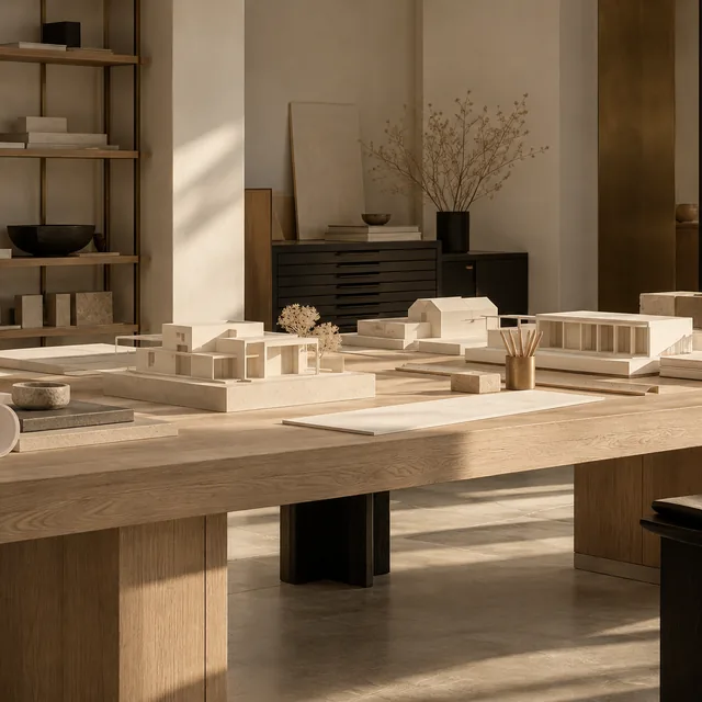 Maquettes d’étude posées sur la table de l’atelier
