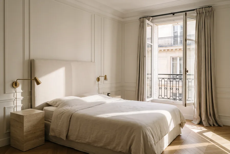 Chambre de l’hôtel particulier : tête de lit en lin, moulures peintes, balcon sur les façades parisiennes