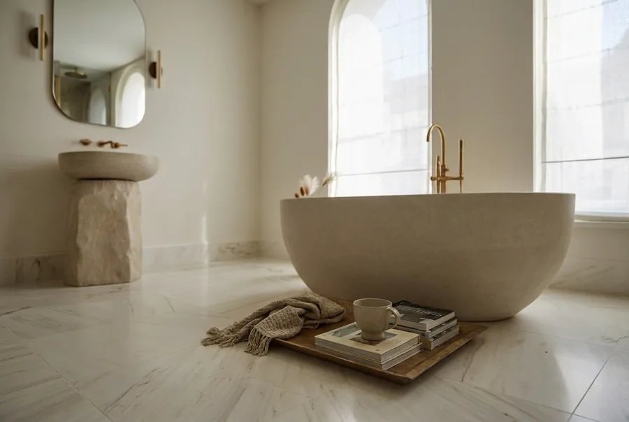 La salle de bains en marbre, au plus près de la matière