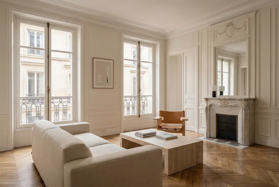 Le salon, vu depuis le coin opposé : la cheminée en marbre et le canapé incurvé