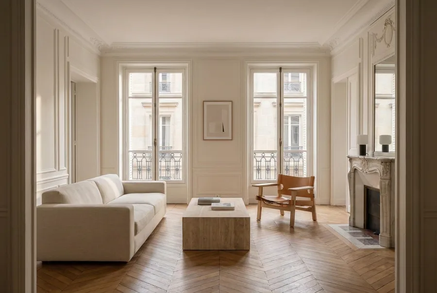Le salon depuis le seuil, dans toute sa profondeur