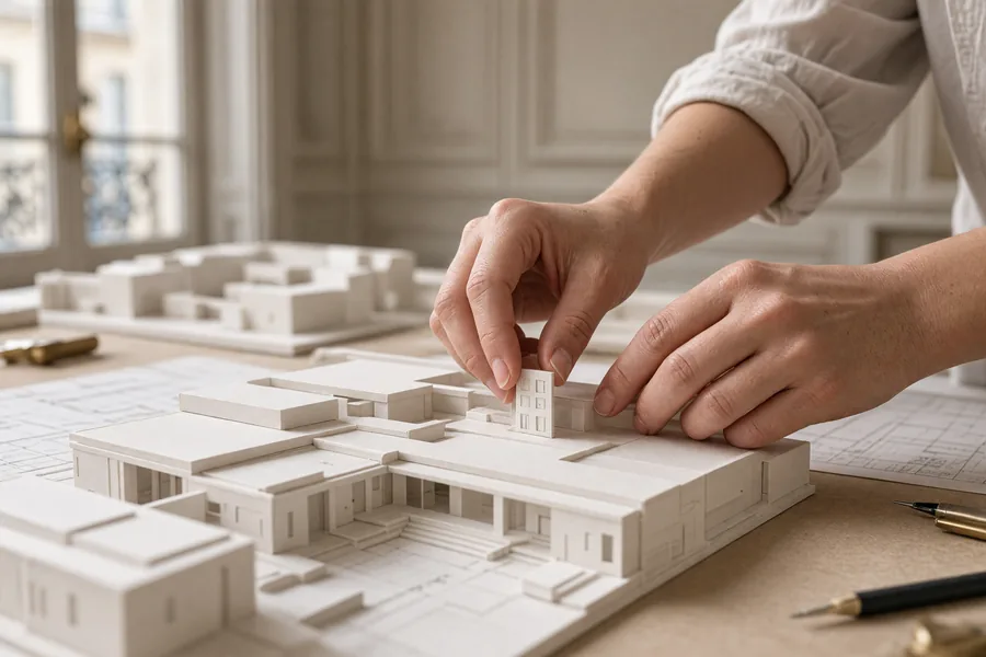 Mains posant une pièce sur une maquette d’architecture blanche
