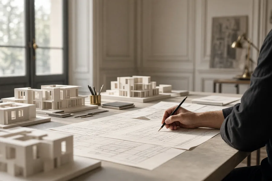 Adrien Orbe dessinant au crayon sur des plans, dans l’atelier