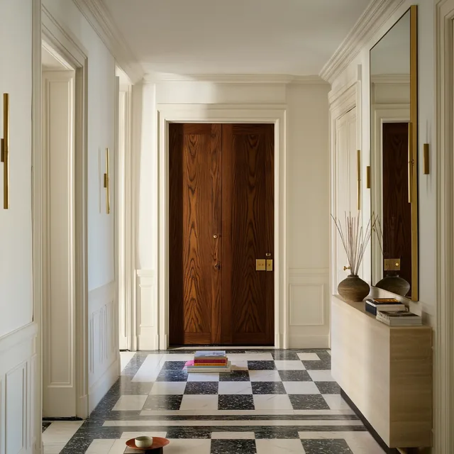 Hall d’entrée haussmannien : porte en noyer, sol de marbre noir et blanc, miroir sobre