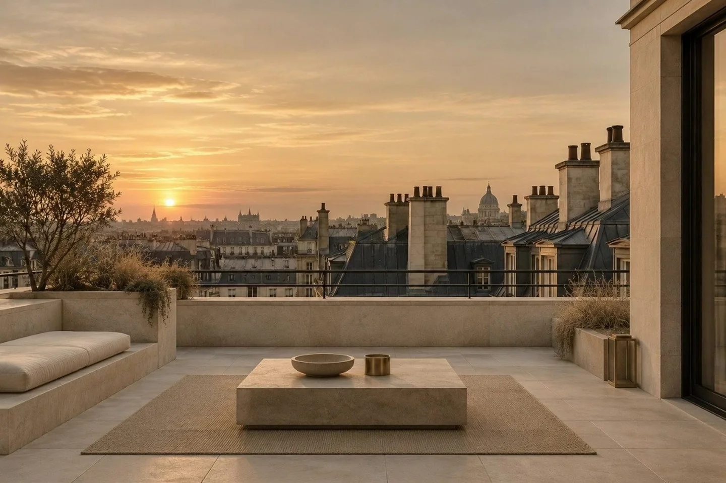 Terrasse parisienne au coucher du soleil