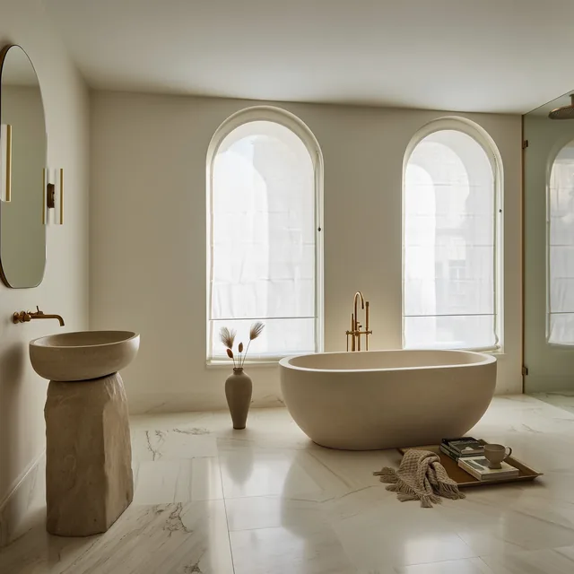 Salle de bains en marbre mat : baignoire îlot, vasque en pierre, robinetterie en laiton
