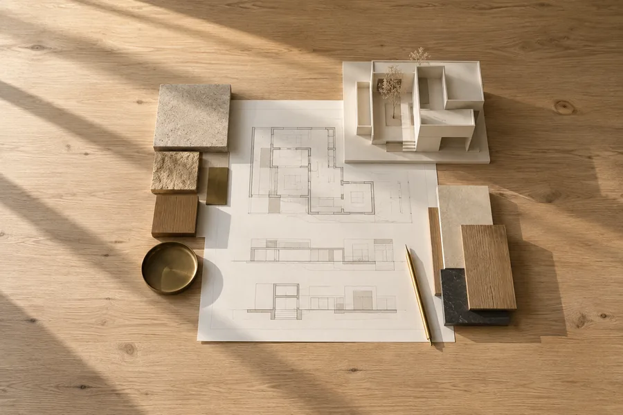 Table de l’atelier : échantillons, plans et maquette blanche