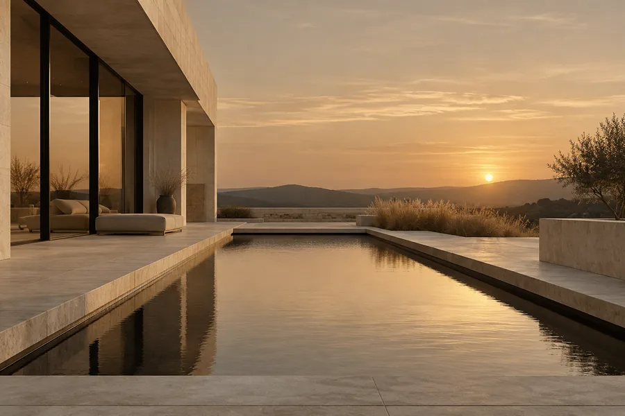 Terrasse et bassin de la villa, reflets à la tombée du jour