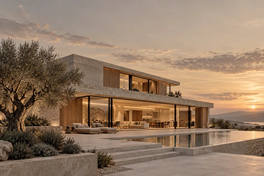 Façade de la villa Le Cèdre au crépuscule, béton matricé et olivier centenaire
