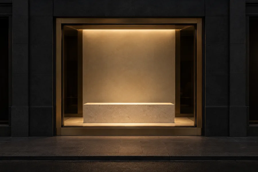 Vitrine et comptoir de la boutique, laiton et verre au crépuscule